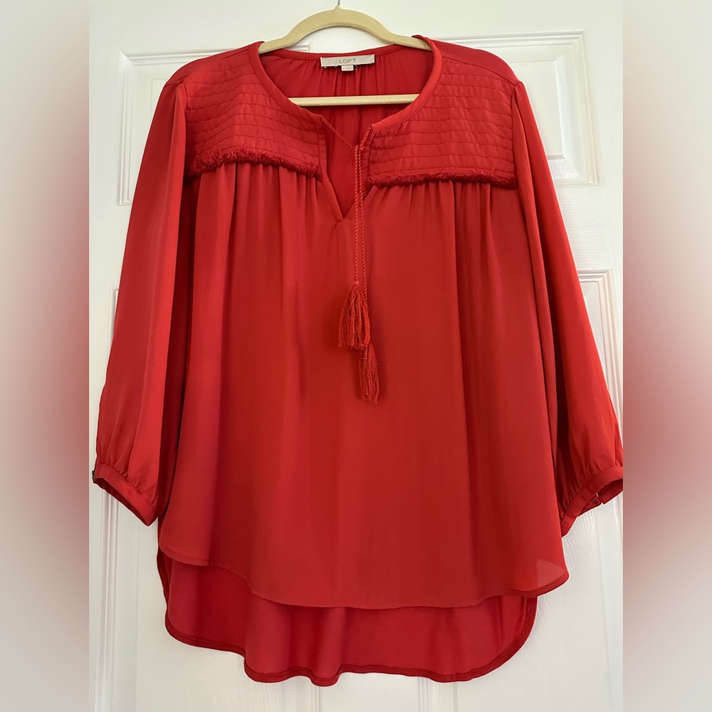 LOFT L red long sleeve blouse with tassels